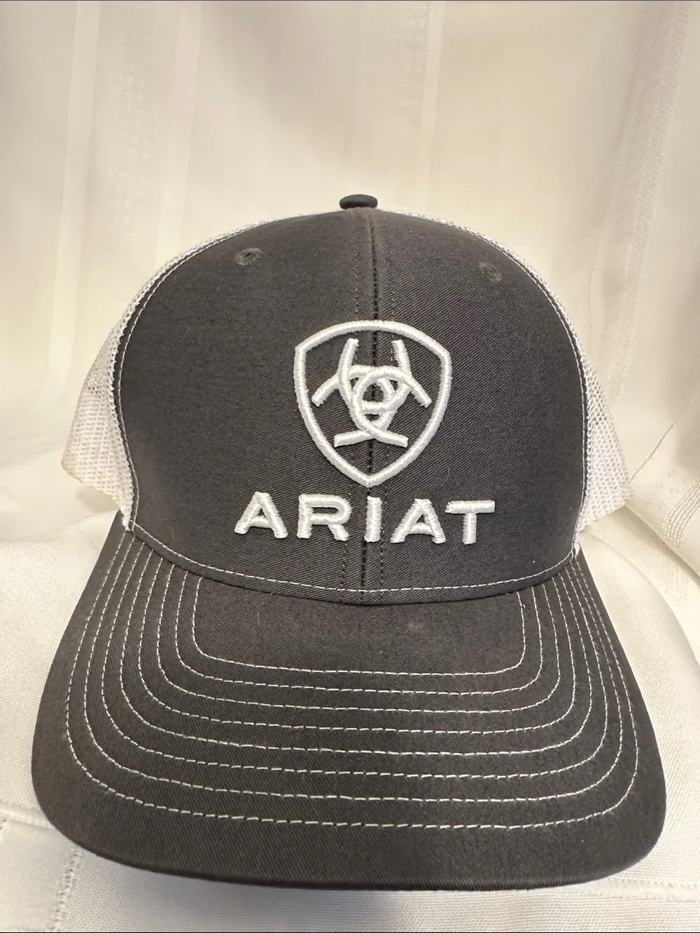 Ariat Dark Gray and White Embroidered Shield Trucker Hat